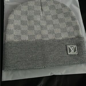 Louis Vuitton Gray Knit Beanie with Navy Tag and Braided Cord